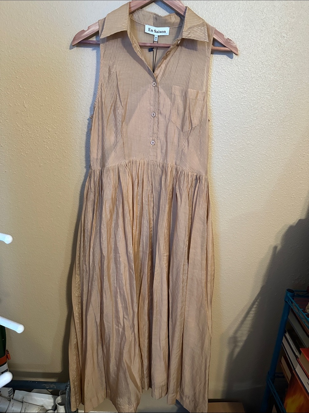 En Saison Sleeveless Collared Midi Dress in Beige with Subtle Sheen Stripes